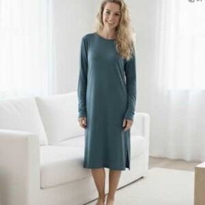 LAKE Pima Cotton Long Sleeve Midi Nightgown Teal Blue XXS Loungewear